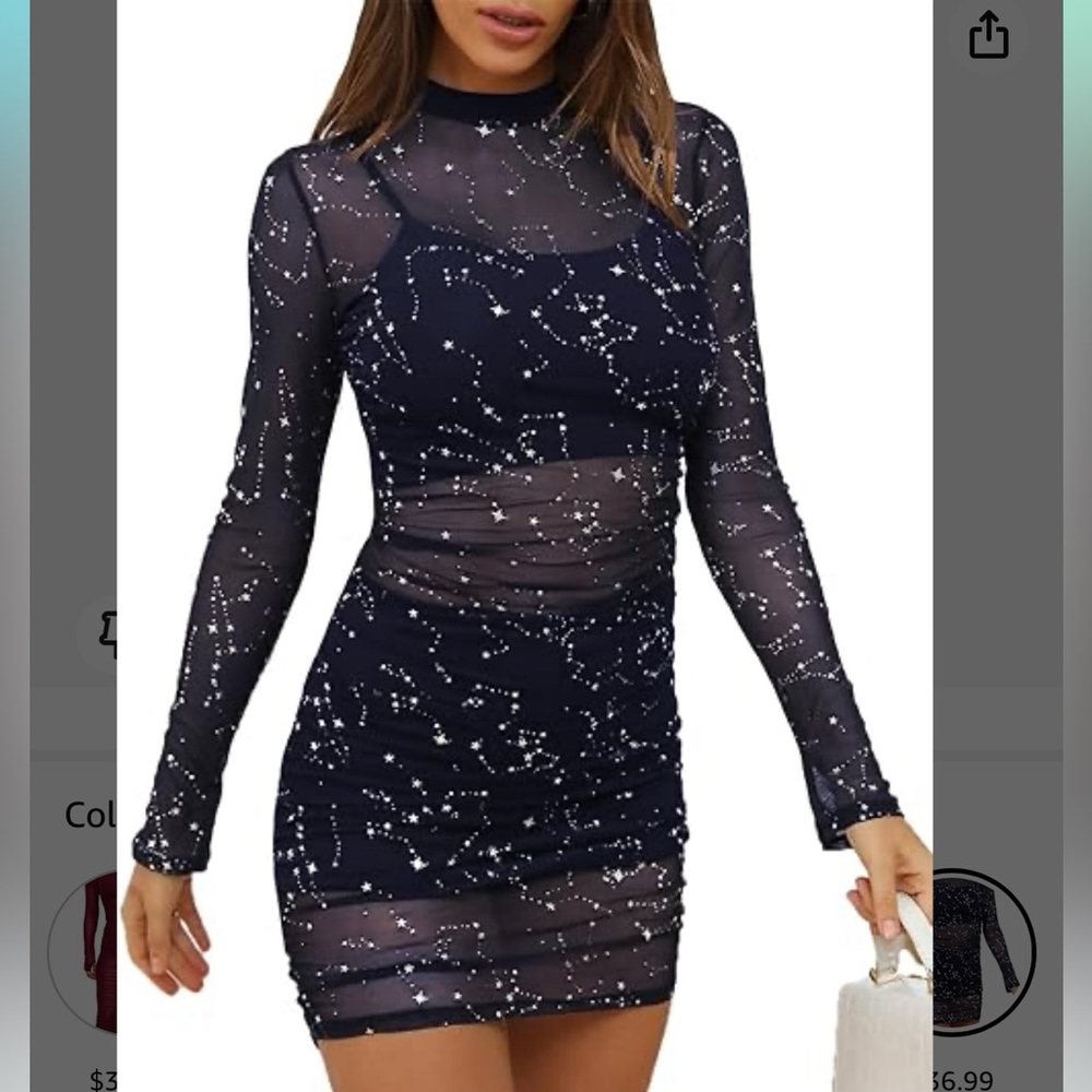 LYANER Women's Mesh Dress Long Sleeve Bodycon 3 Piece Outfits with Cami Shorts